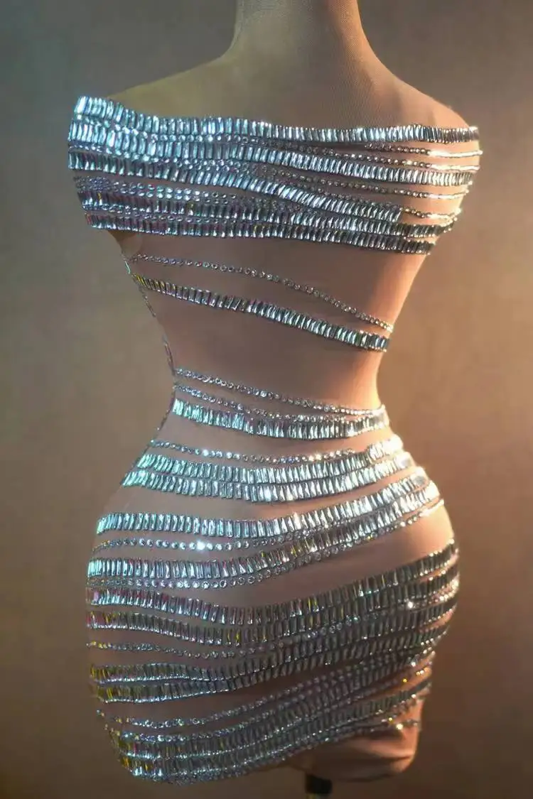 Luxury Sparkling Rhinestone Sexy One-Word Collar Transparent Mesh Mini Dress For Birthday Party Celebration Luxury Evening Gowns