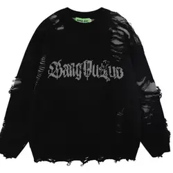 Jersey de punto de estilo callejero para hombre y mujer, suéter con agujero hueco de Diablo americano, jersey de talla grande, Hip-hop, High Street, pareja