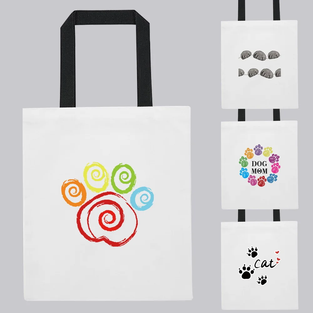 

Fashion Woman Shopping Bag Shoulder Bag Canvas Bag Animal Footprint Pattern Printing Series White Leisure Travel Tote Handbag