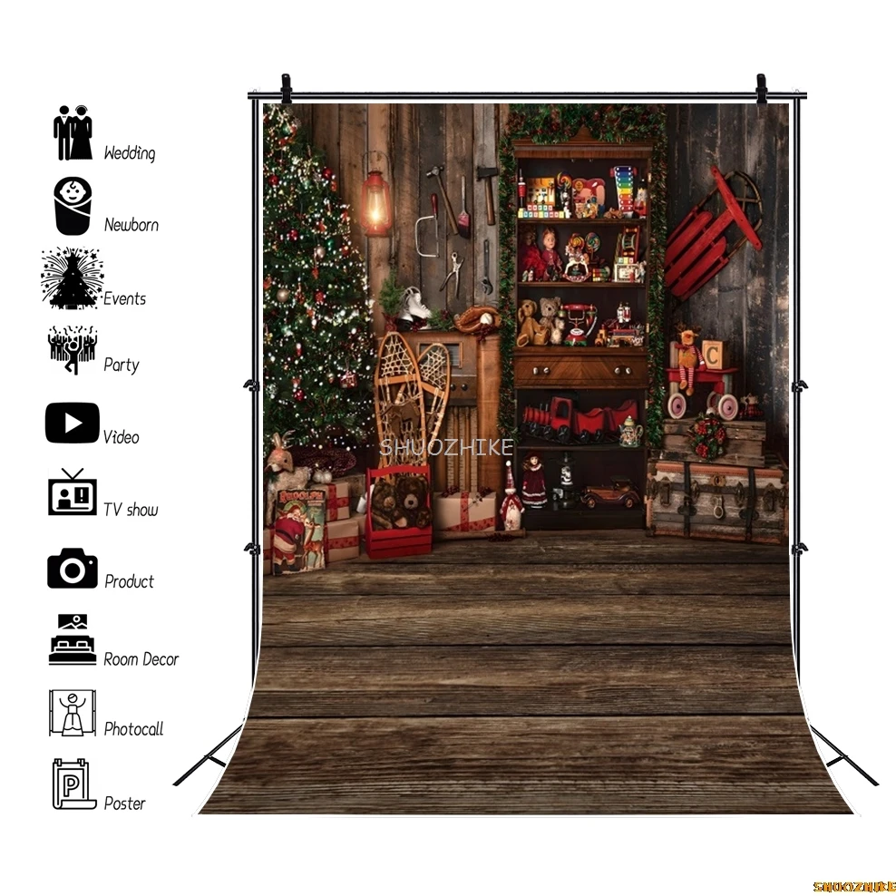 

Christmas Backdrop for Photography Xmas Tree Fireplace Gifts Toy Wooden Floor Kids Portrait Family Party Photo Background Decor