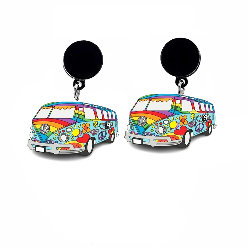 Hippie Bus Drop Acrylic Earrings Epoxy Travel Journey Car Bus Charms Drop Earring Girls Party Jewelry Gifts Wholesale