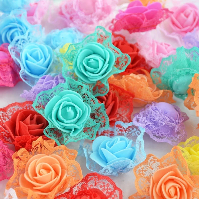 20/50pcs 3.5cm Mini Artificial Flowers Head Roses With Lace Foam Rose Bear Flowers For Wedding Home DIY Decoration Birthday Gift