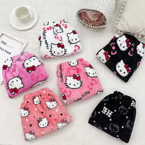 2024 Sanrio Anime Hello Kitty Pajamas Halloween Flannel Fashion Velvet Pants Girls Kawaii Cartoon Casual Fall Winter Home Pants