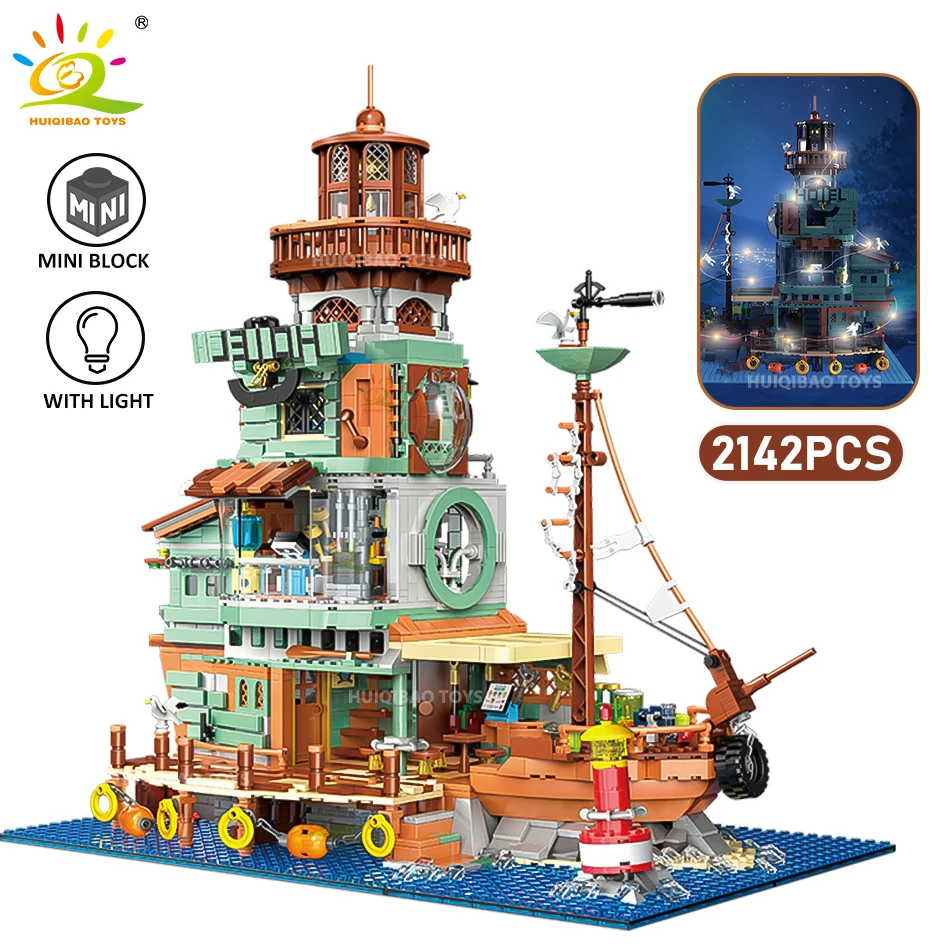 

HUIQIBAO 2142Pcs City MINI Harbour Hotel Model Building Blocks DIY Micro Fish House Pier Set Figures Bricks Toys For Children