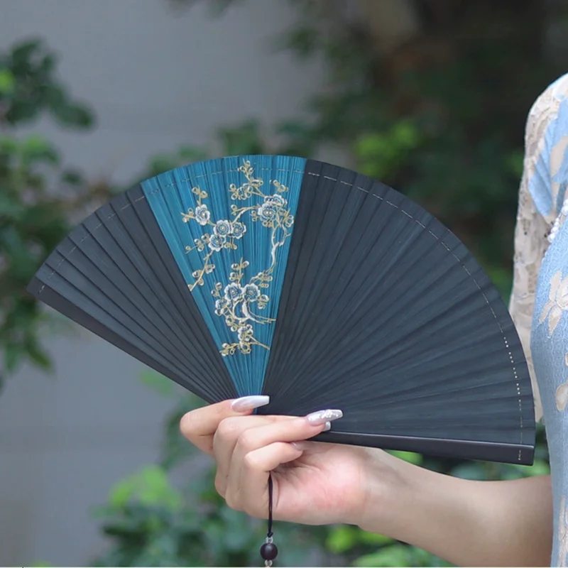 Folding Fan Chinese Hand Fans Classical Black Ancient Women Dance Fans Portable Handmade Fan Single-sided Print Bamboo Craft Fan