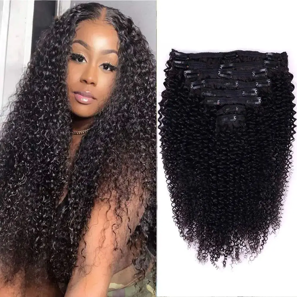 Kinky Curly Clip in Hair Extensions Human Hair for 120g/Set Natural Color Black Women Double Weft Brazilian 8 Pieces Human Hair