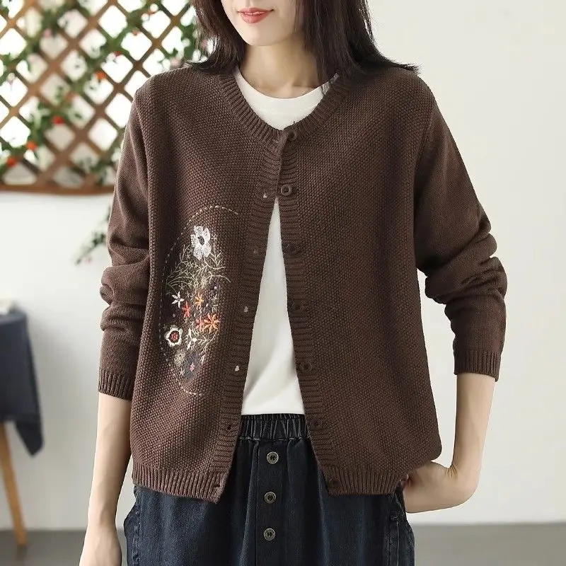 Autumn Winter Vintage Embroidery Cardigan Sweater Female Loose Casual Fashion All-match Buttons Knitting Coat Women Outwear Top