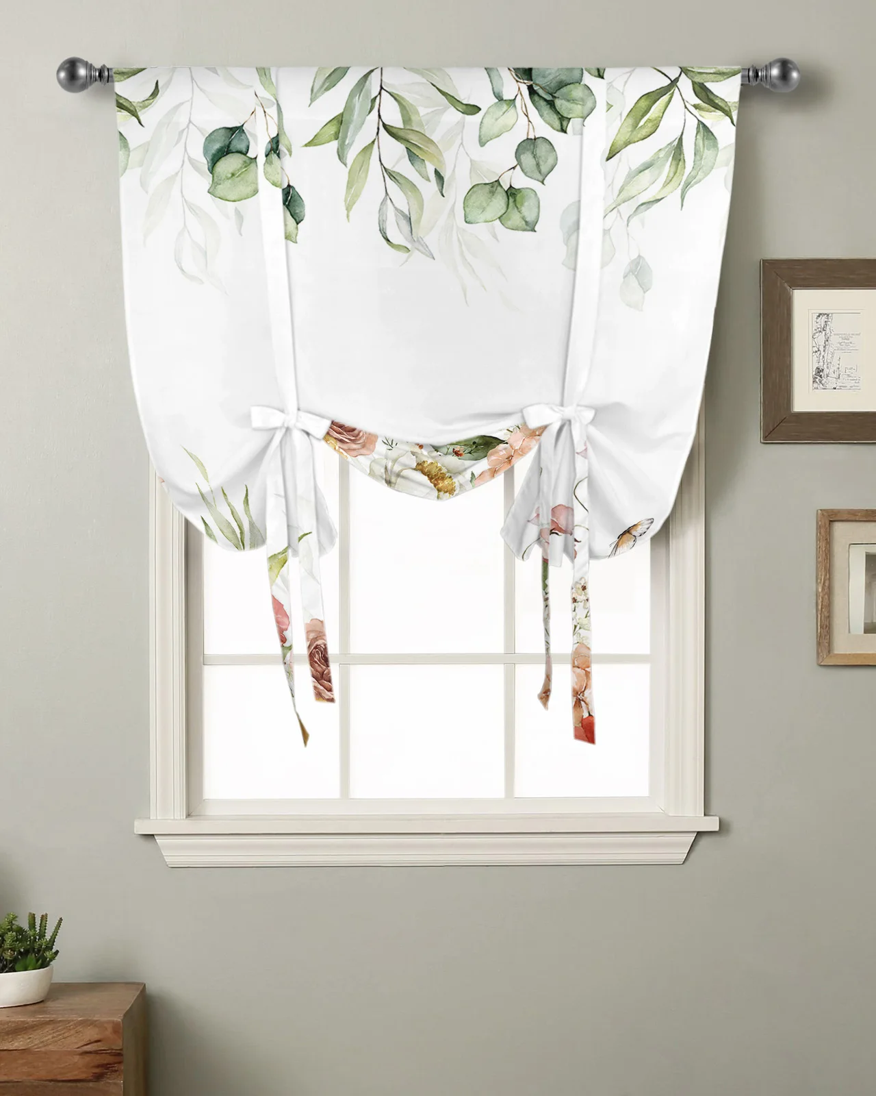 

Spring Flower Rose Leaf Watercolor Kitchen Short Window Curtain Modern Home Decor Small Window Roman Tie Up Curtains