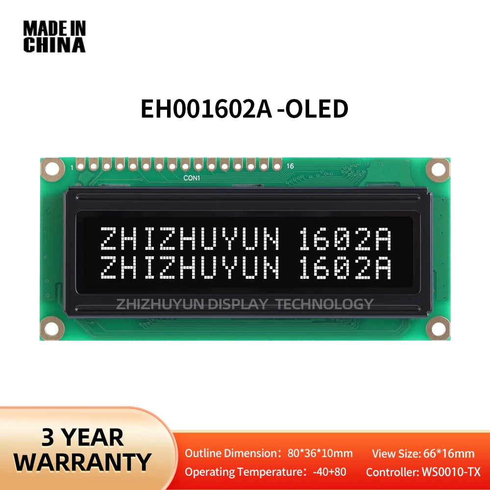 Verdadeiro ecrã OLED, filme preto, carta branca, construído em, interface paralela compatível com 1602, WS0010, EH1602A, 1602