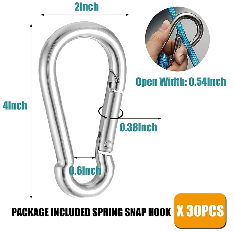 TKOH-30PCS Mosquetón con gancho a presión de resorte resistente de 4 pulgadas, mosquetón con resorte a presión para columpio hamaca gimnasio al aire libre