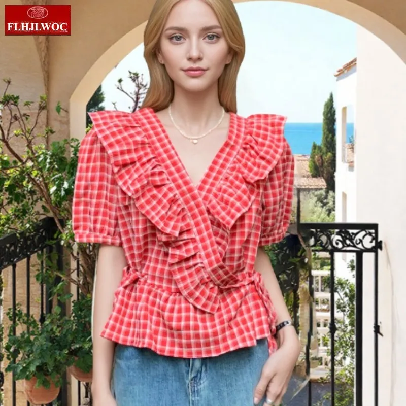 

Lace-Up Tops Blouses Woman 2025 Cute Holiday Date Girls Retro Summer Short Sleeve Ruffles Peplum Tops Red Plaid Shirts