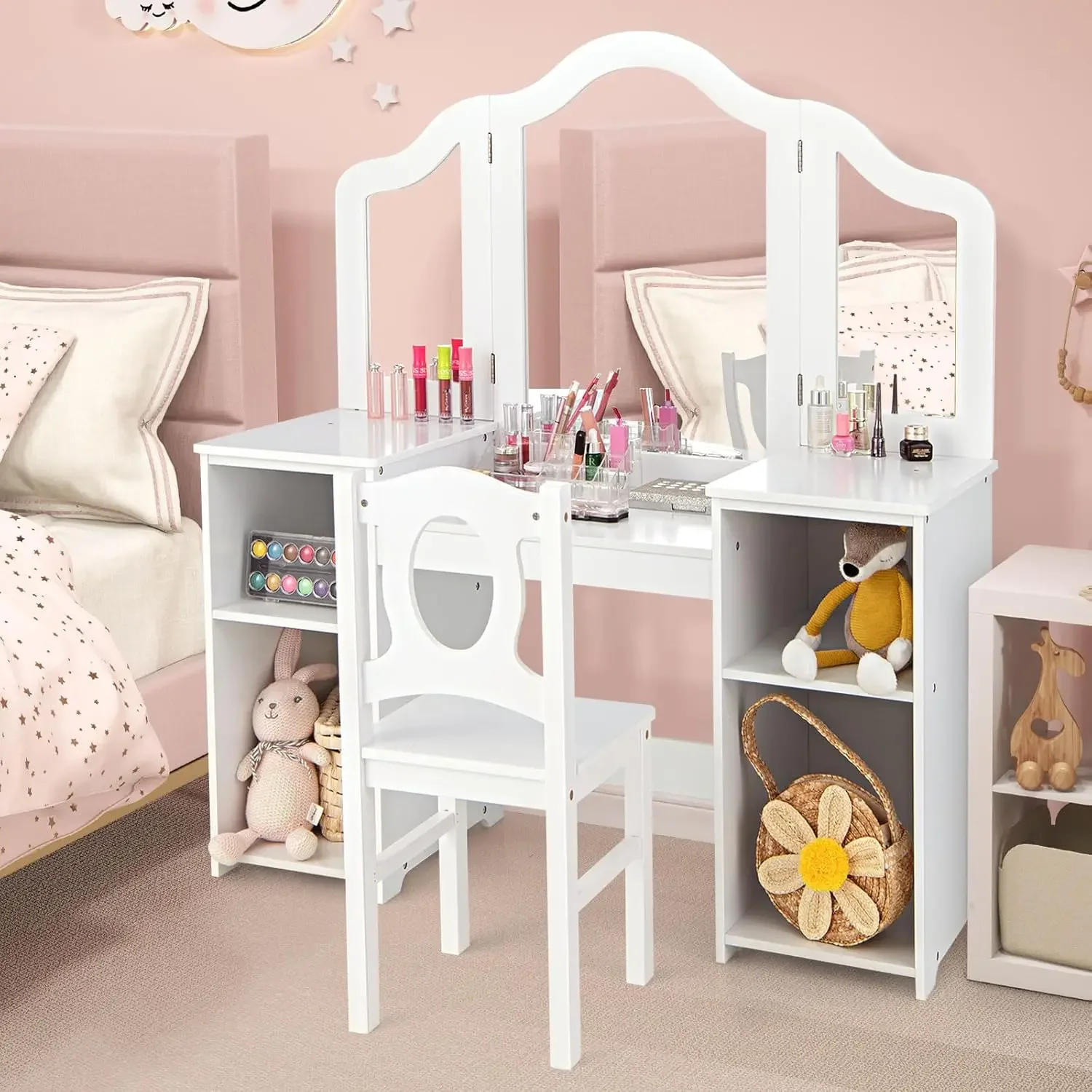 Kids Vanity, 2 in 1 White Wooden Dressing Table and Chair Set for Toddlers with Tri-Folding Detachable Mirror, Storage Shelves,