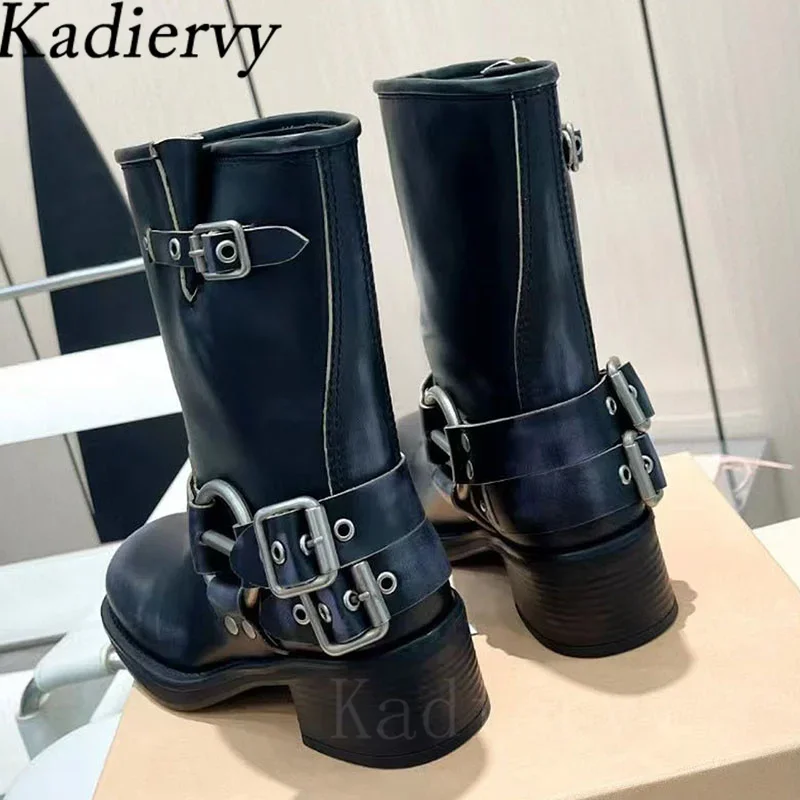 Genuine Leather Motorcycle Boots Women Round Toe Metal Buckle Belt Punk Shoes Women Square Heels Knight Short Boots Woman