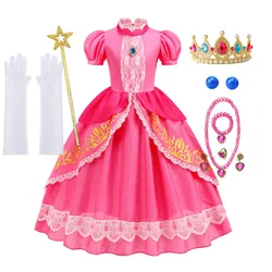 Pumber Bros Vedio Game Movie Cosplay Girl Peach Dress up Lace Ball Gown Princess Costume Kid Cute Halloween Clothing Frock 2-10Y