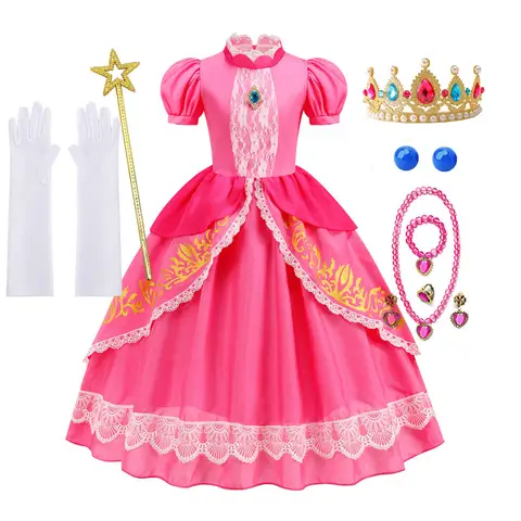 Pumber Bros Vedio Gioco Film Cosplay Ragazza Peach Dress up Abito da ballo in pizzo Costume da principessa Kid Carino Abbigliamento di Halloween Abito 2-10 anni