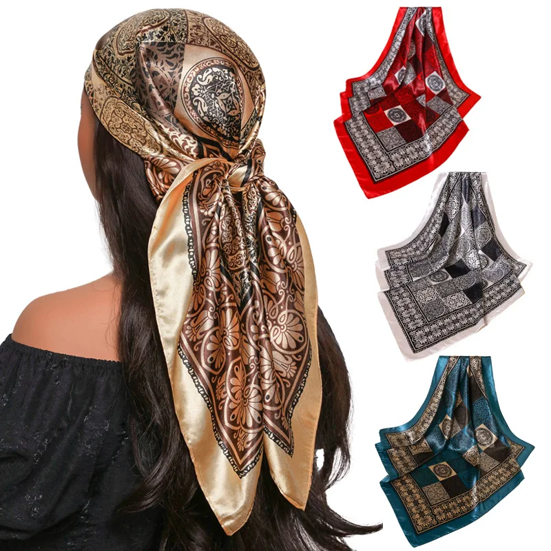 Womens Classic Contrast Cashew Print Satin Square Scarf - Iran Headwrap, Sun Protection & Versatile Fashion Accessory