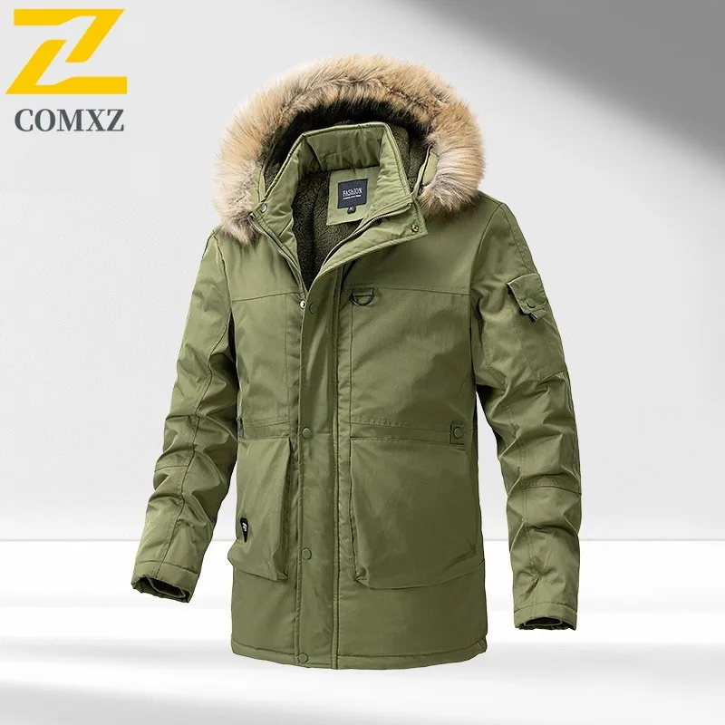 COMXZ 2025 Mens Korean Style Thickened Hooded Fleece Long Winter Jacket Waterproof And Windproof Warm Tactics Sport Trench coat