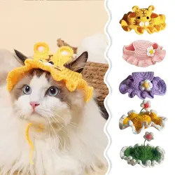 Cute Pet Hat Handmade Knitted Flower Cat Hat Funny Cospaly Headgear Party Photo Shoot Props Decoration Cat Accessories