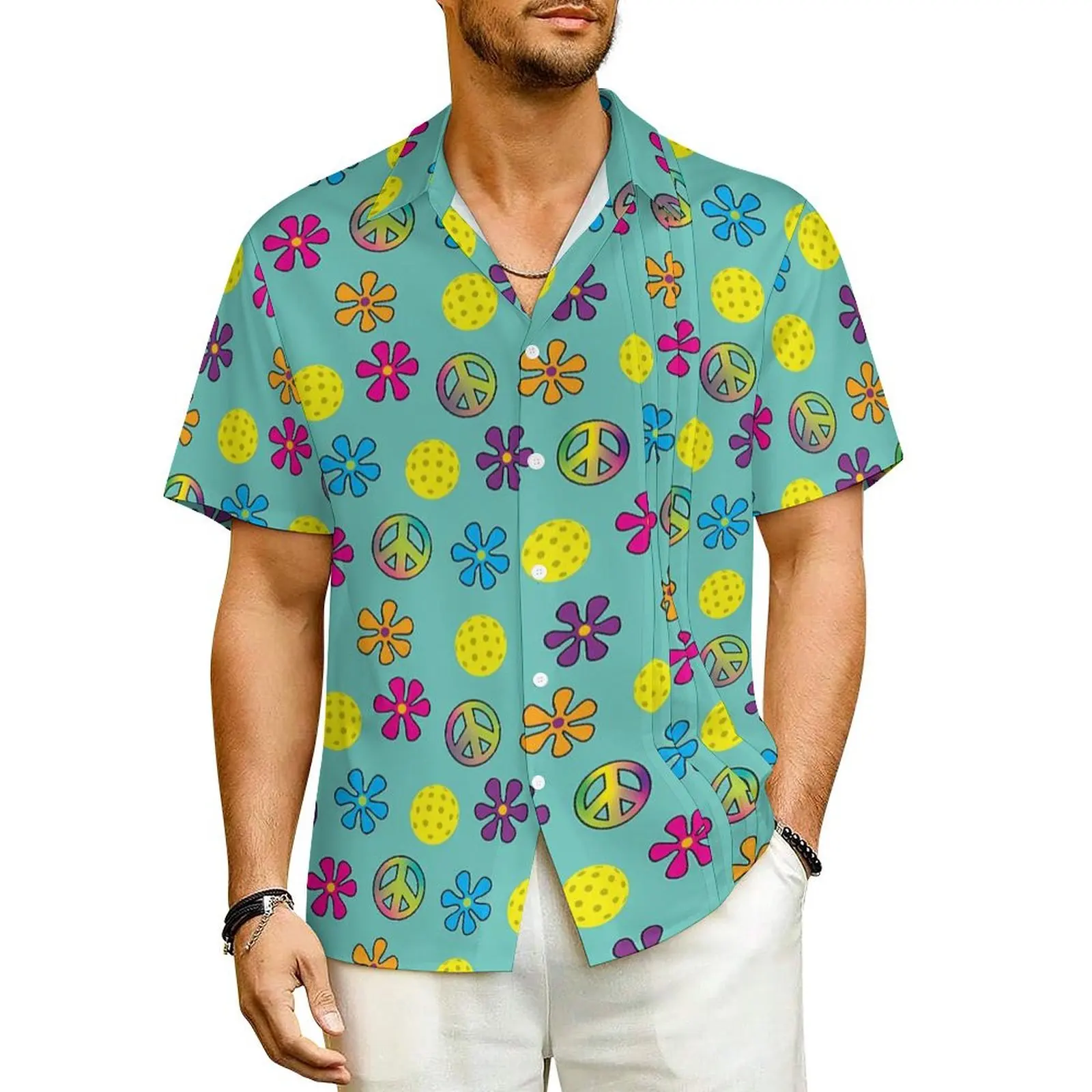 Chemise hawaïenne Peace Love pour hommes, chemises décontractées, manches courtes, motif Harajuku, chemisiers vintage, vacances, imprimé Leball 514