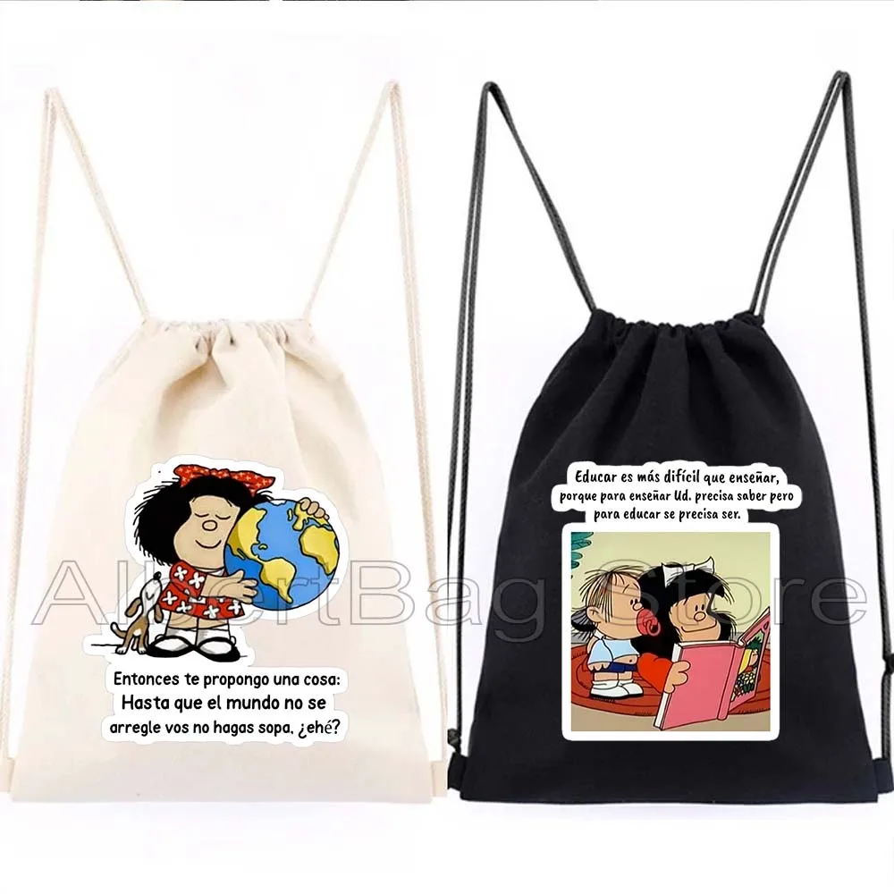 

Funny Quotes Phrases Spanish French Mafalda Quino Comics Kawaii Cartoon Girl Gift Drawstring Soccer Backpack Sackpack String Bag
