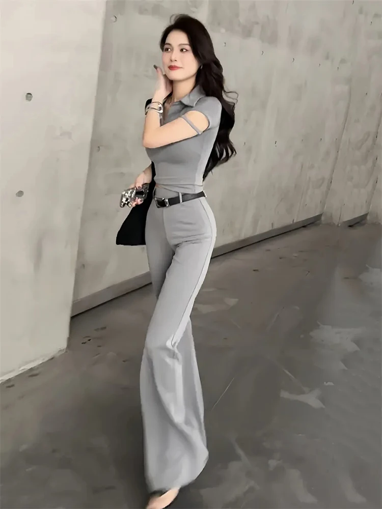 Summer Slim Fashion Two Piece Sets Short Sleeve Cropped Tops Conjunto High Waist Flare Pants Suit Women Casual Strecth Ensemble