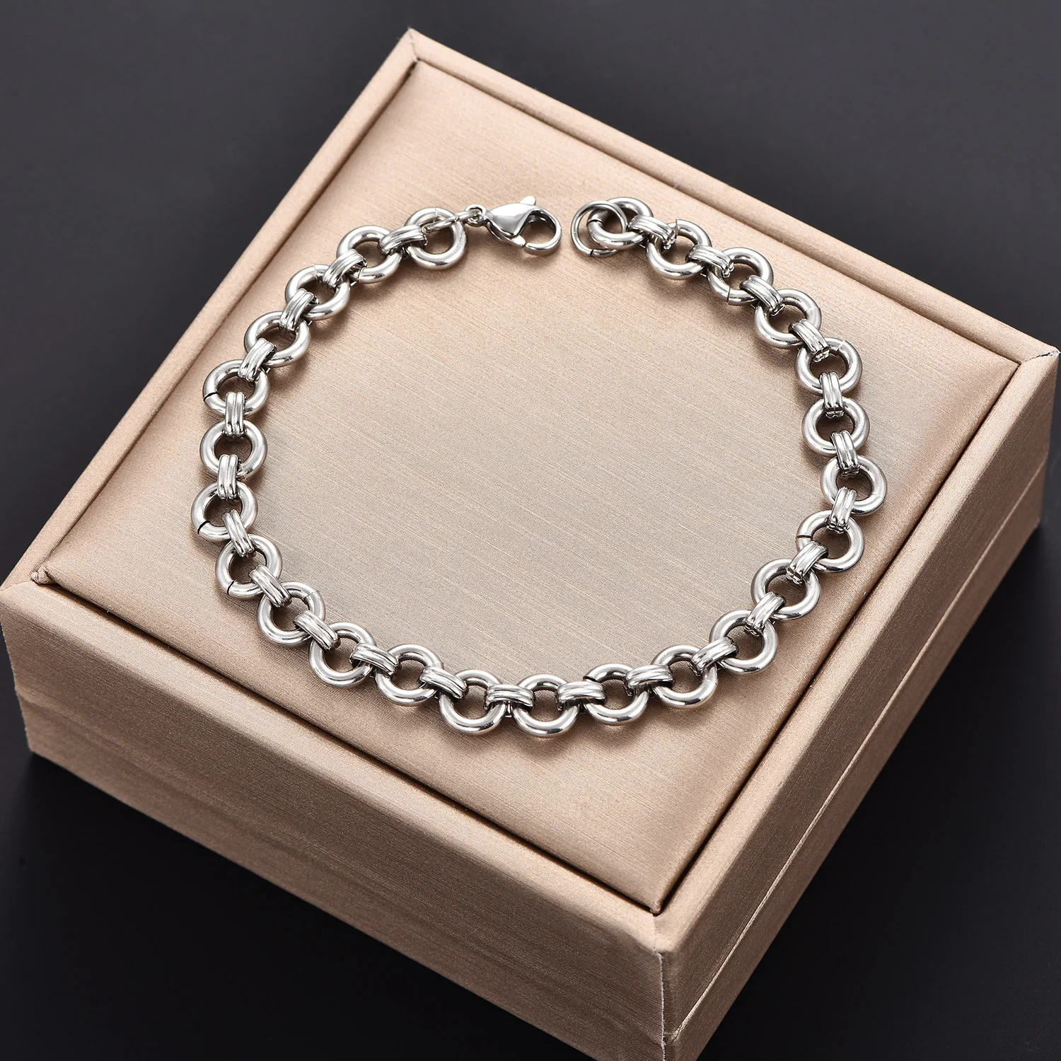 Massive Halskette aus Rostfreiem Stahl, Anlaufgeschützt, Rolo-Oval-Knoten-Kette, Schwerer Massiver Kreis-Choker, Metallschmuck – Detail 7