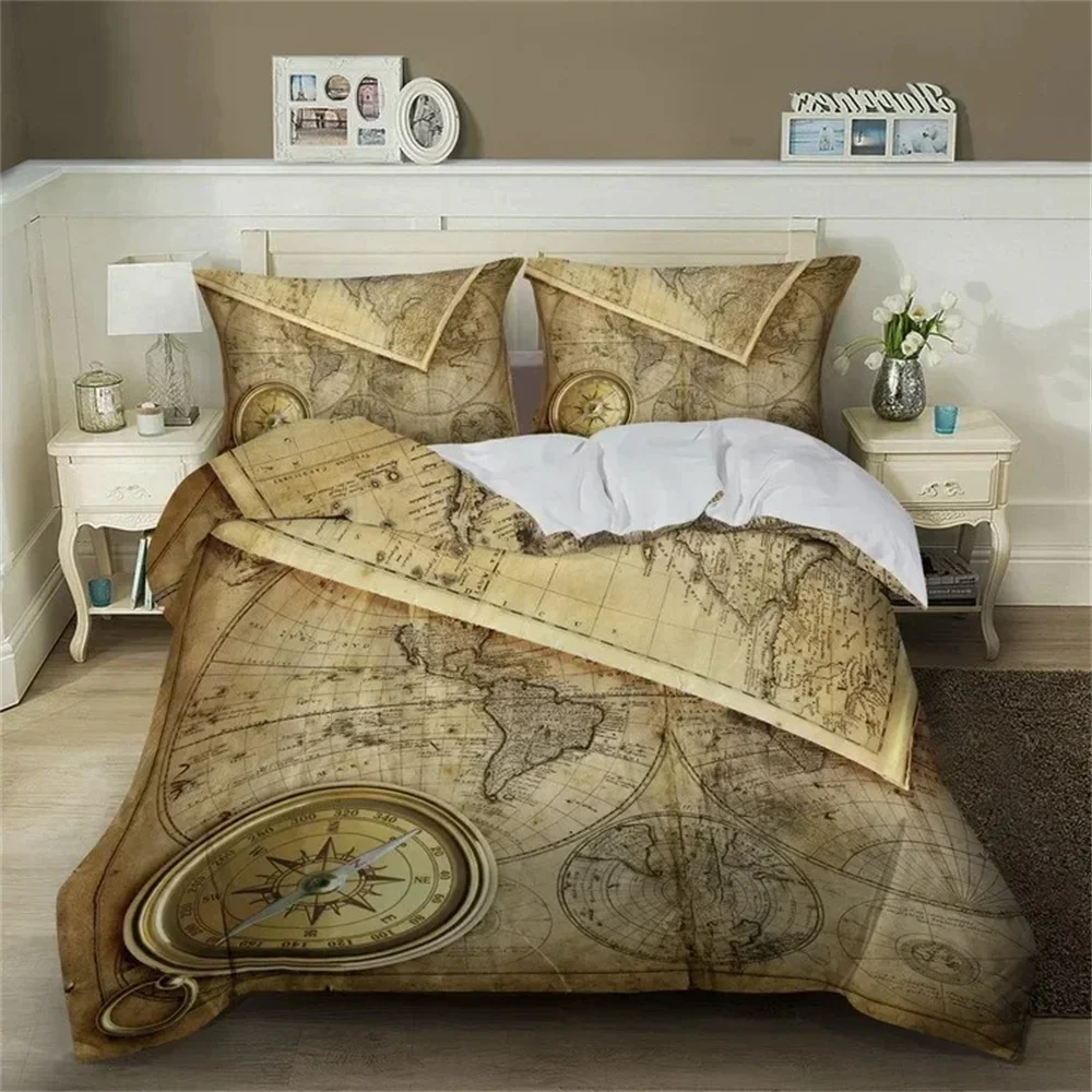 Funda de Edredón de Poliéster con Mapa del Océano, Estilo Vintage Marrón, Mapa del Mundo Marino con Brújula, Juego de Ropa de Cama Náutica