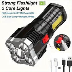 5 LEDs High Power Flashlight Rechargeable Camping Torch Light With COB Side Light 4 Modes For Camping Adventure Hiking Outdoor