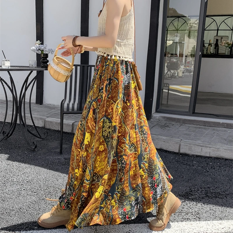 

Summer Boho Skirt Women Vintage Casual Beach Long Skirt Bohemian Holiday Maxi Skirt Elastic High Waisted