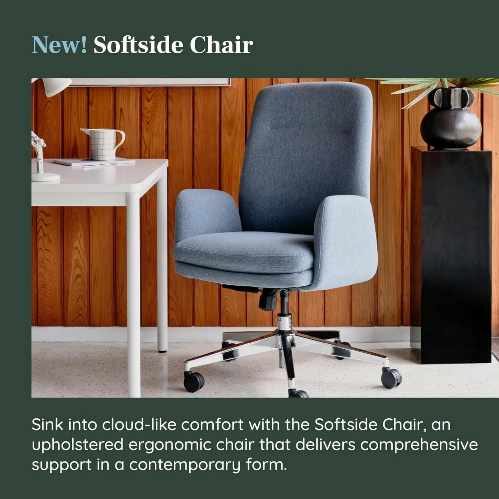 US  Softside Mid Century Modern Office Chair, Fabric - Removable Arms & High Back Design with Luxury Cloud-Like