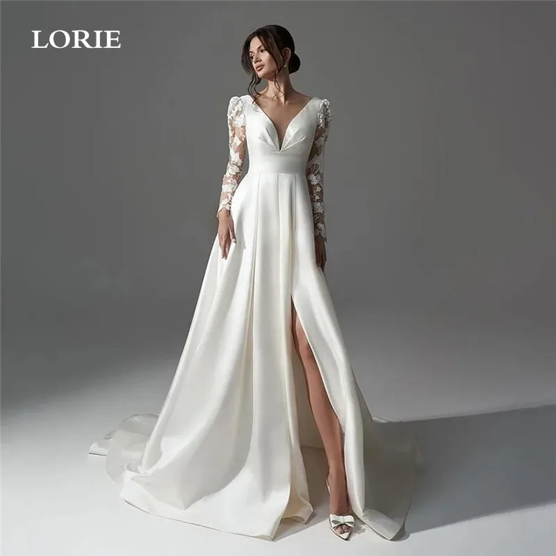 

LORIE Lace Long Sleeve Wedding Dress A Line V Neck Side Split Bride Dresses Vestidos de novia Satin Wedding Gown 2024 Customize