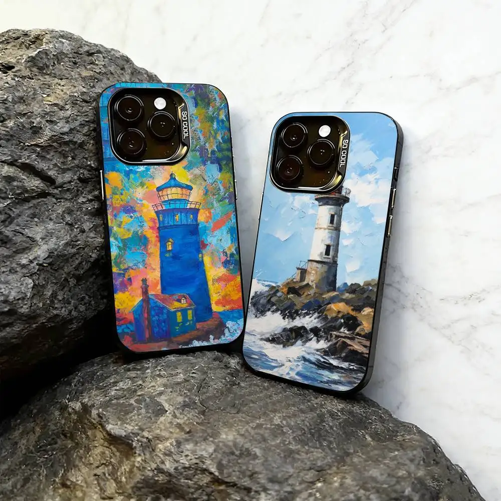 

Art oil painting of lighthous Phone Case For iPhone 17,16,15,14,13,12,11 Plus,Pro Max,XS,Colorful Silver Phone case Funda Cover