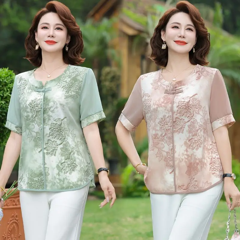 

Middle Aged Women's Short Sleeved Tops New Chinese Style Summer Lightweight