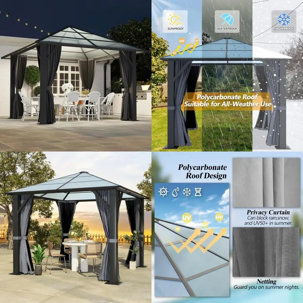 

10'x10' hardtop gazebo, outdoor polycarbonate roof gazebo, heavy duty metal permanent pavilion with curtains & netting for backy