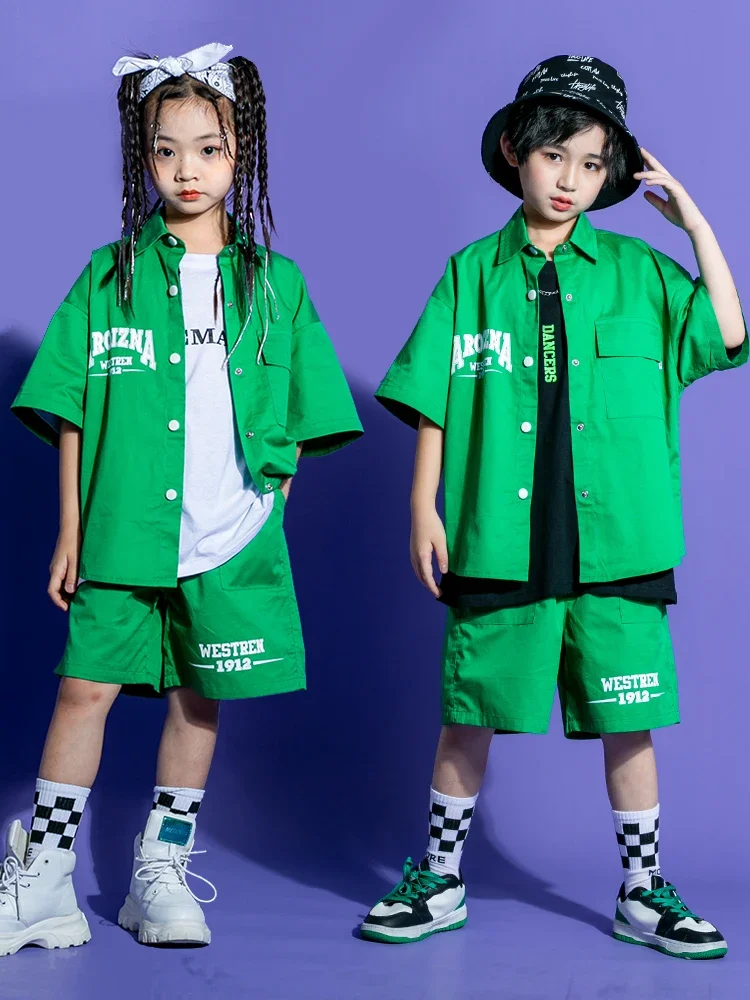 Kids Green Loose Shirts Cargo Pants Kpop Outfits Children Hip Hop Dance Costumes Girls Boys Jazz Rave Clothes