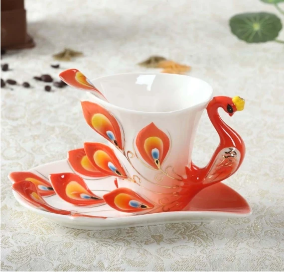 

Creative and personalized gift tea set, enamel porcelain peacock coffee cup and plate set, Chinese elegant ceramic cup