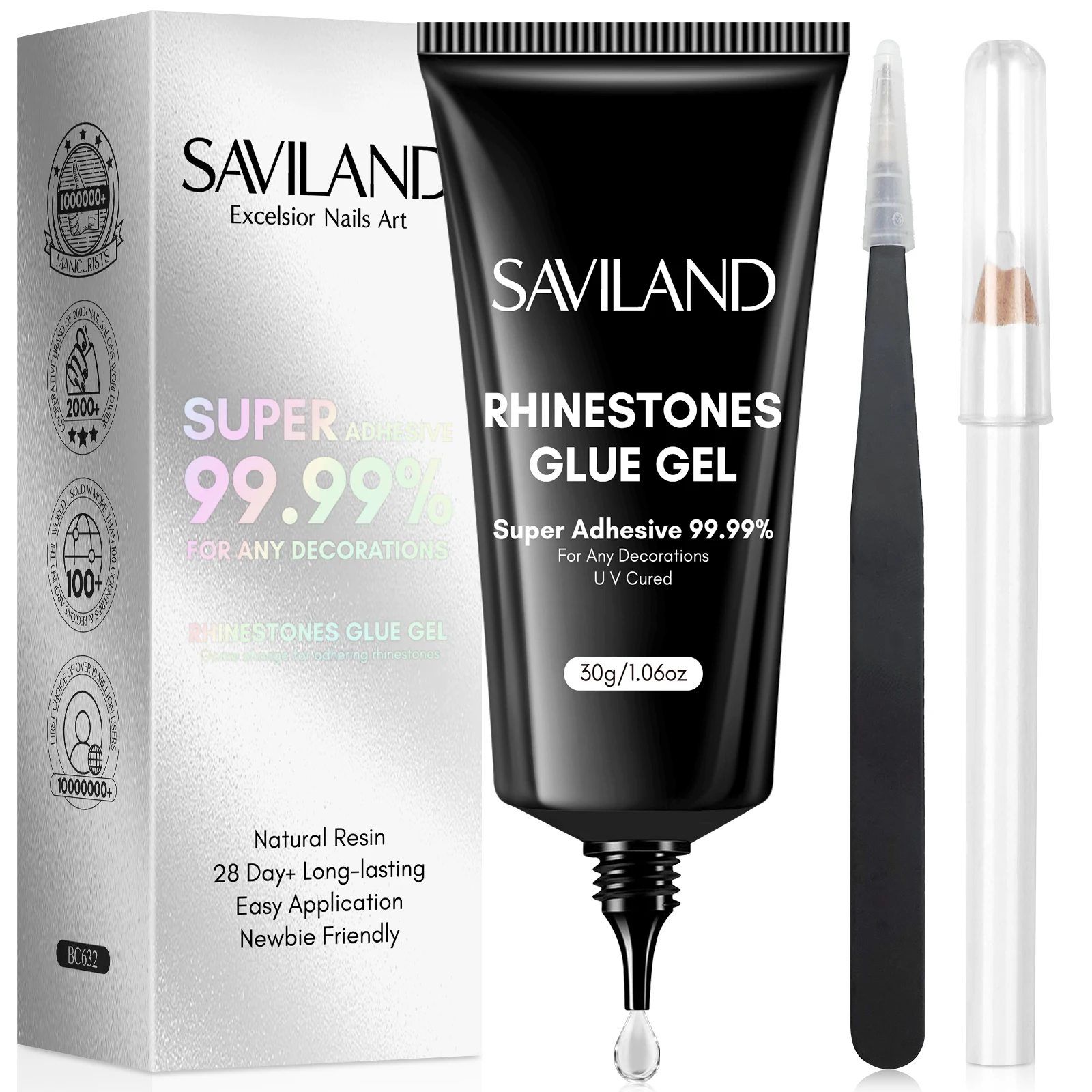 SAVILAND 30g Super Strong Nail Glue for Rhinestones Gems with Picker Tool Tweezer 3D Nail Art Easy Use UV Cured for Home Salon