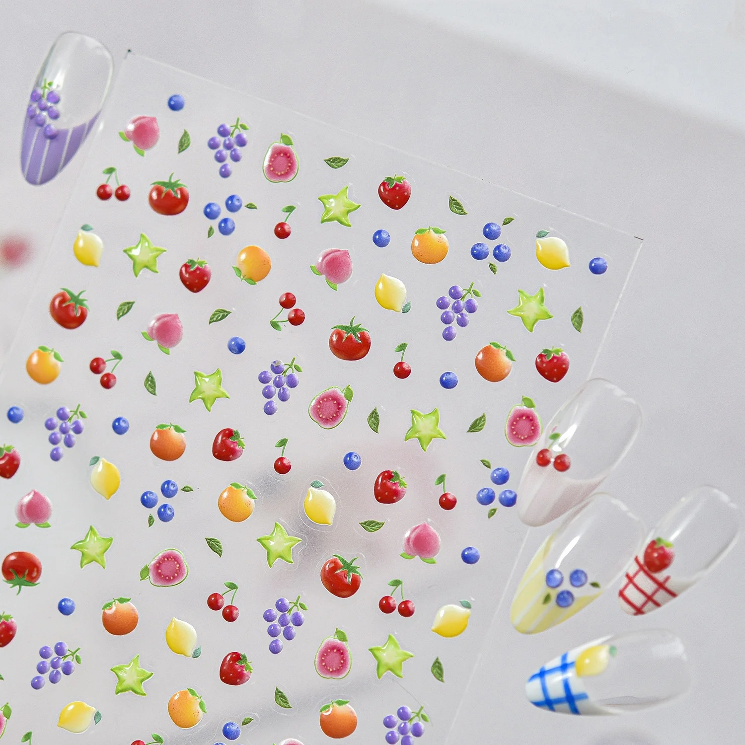 1 Stück 5D Bunte Mini-Frucht-Aufkleber Erdbeere Pfirsich Orange Niedliche Nagelsticker Sternfrucht Traube Grünes Blatt Blaubeere Selbstklebende Abziehbilder