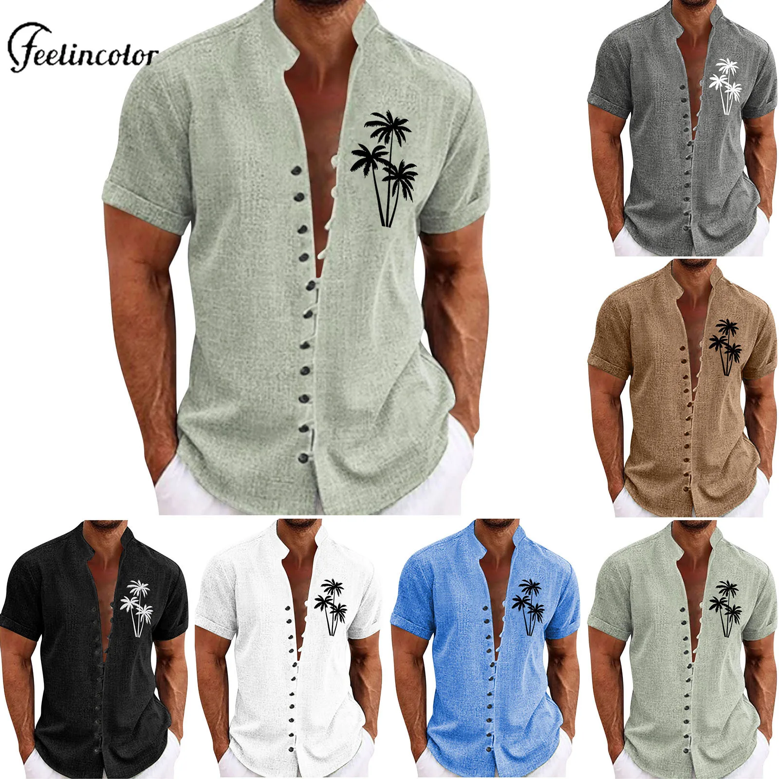 

Casual Coconut Tree Print Men's Shirt Stand-up Collar Short Sleeved Tops Summer Holiday Beach Clothing Daily Shopping Streetwear