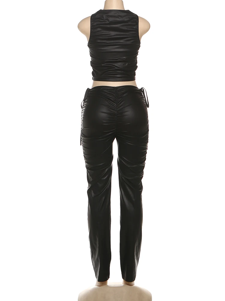 Kliou Decorazione con coulisse Set da 2 pezzi Donna in pelle PU o-collo Canotte con ombelico esposto + Pantaloni lunghi skinny Abiti stile hip-hop
