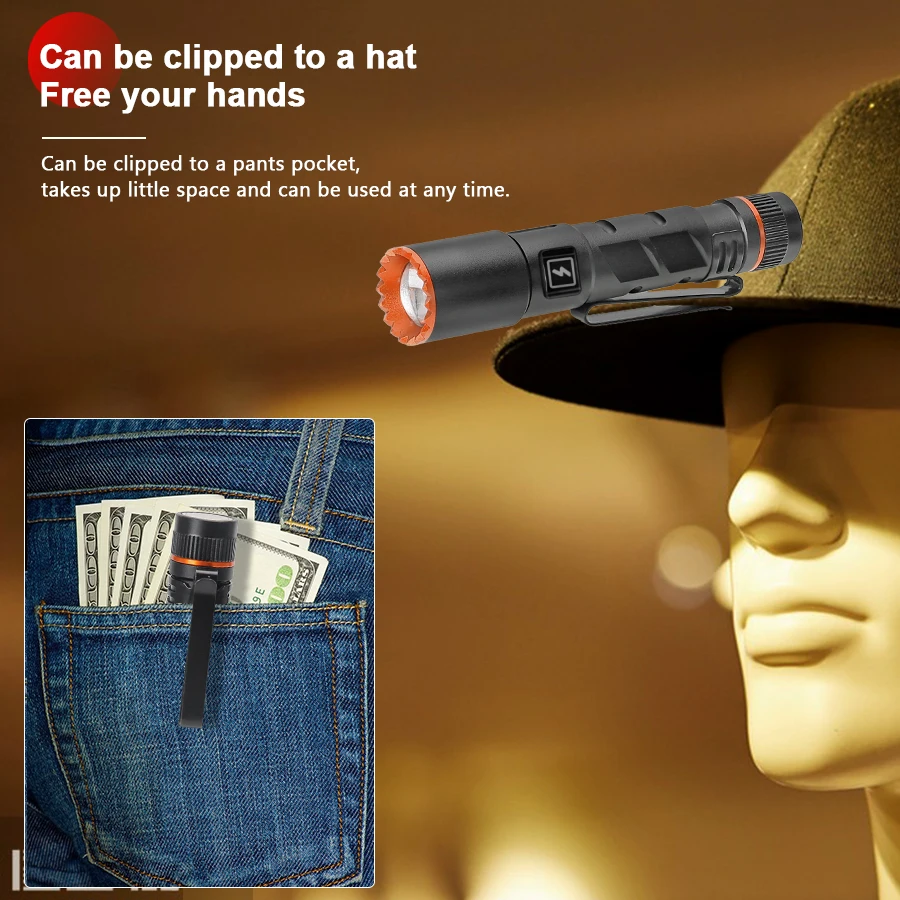 Aluminum Alloy Zoom Flashlight Super Bright Long-range Rechargeable 5 Dimming Modes Rear Strong Magnetic Mini Pen Clip Torch