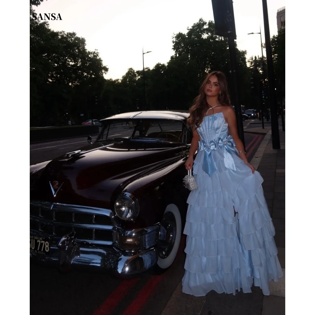 

Sansa Customized Blue Bow Multi-Layered Prom Dresses Strapless فساتين للمناسبات الخاصة Satin vestidos de fe