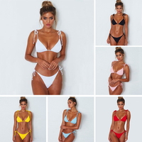 Pit Stripe Fabric Swimsuit Sexy Thong Bikini Swimwear Women White/Blue/Black/Pink/Yellow/Red Solid Rope Beach Bathing Suit 2025