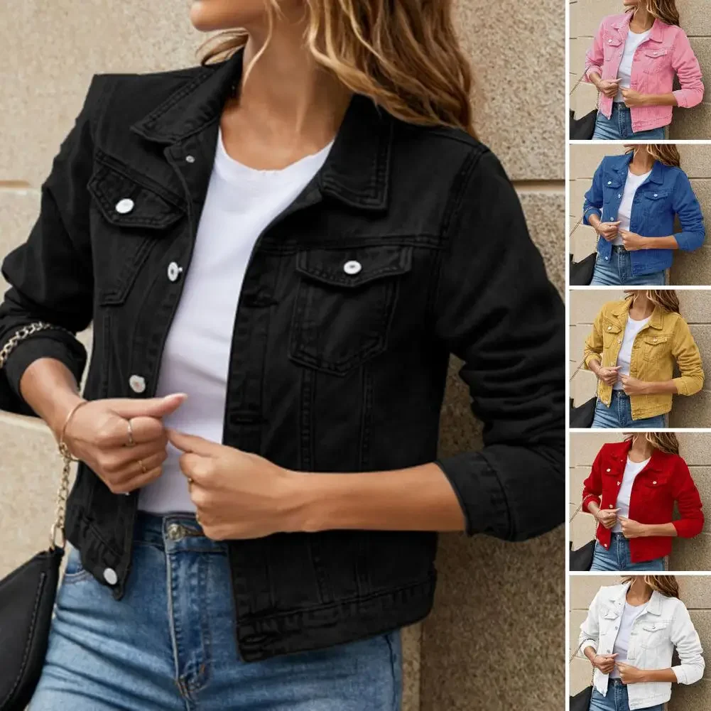 Female Short Denim Woman Clothing Basic Solid Button Down Coats Denim Over Coats Autumn Turn Down Collar Long Sleeved Jackets