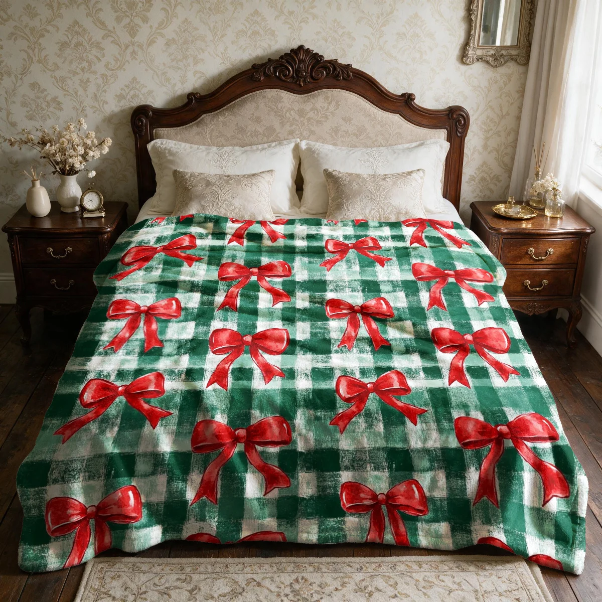 Chunky Green Plaid Throw Blanket with Red Bows Cozy Living Room Decor Gift for Couch