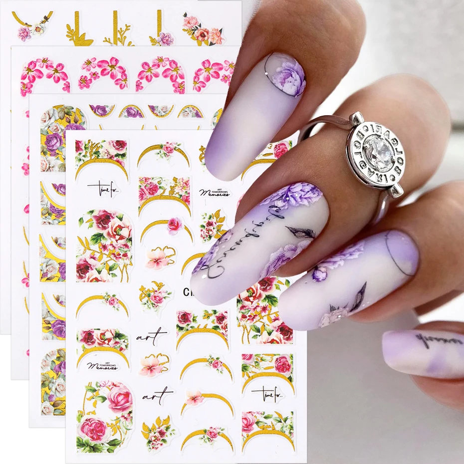 4pcs Spring Flower Leaf Nail Decal Stickers, Charms Floral Blooming Nail Sticker Set Adhesive Slider Nails Decoration Manicure