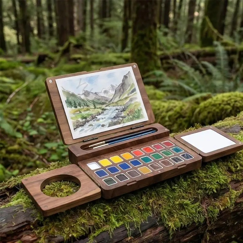 96BA Large Paint Palette Small Paint Storage Case For Art Travel Watercolor Paint Tray Wooden Painting Box with Palette Pan