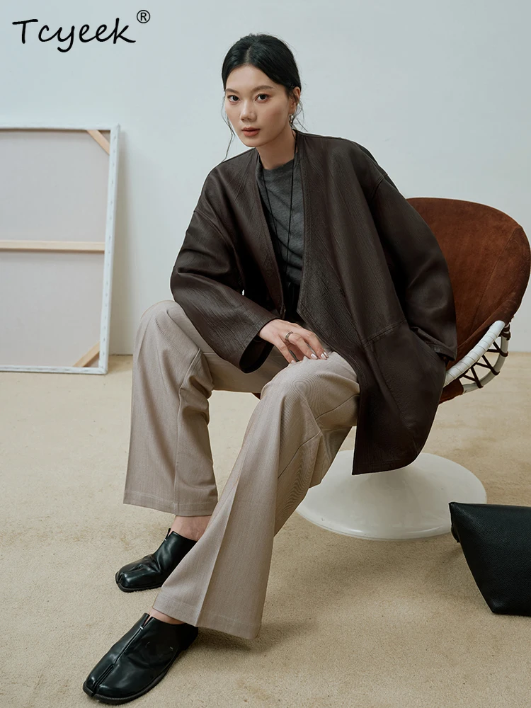 Tcyeek Prawdziwa Skóra Owcza Wiosna Jesień Elegancka Vintage Dekolt w Serek Brązowa Kawowa Damska Kurtka z Naturalnej Skóry Женская Кожаная Куртка