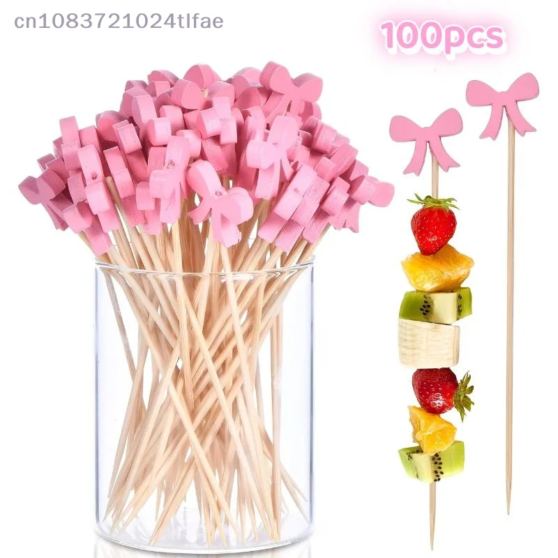 100 Pcs Bow Wooden Cocktail Picks Disposable Bamboo Fruit Skewers For Wedding Birthday Party Decor Cupcake Toppers Appetizer