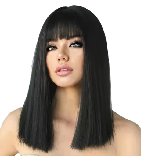 Temperament wig female medium long straight hair tail a cut black synthetic high temperature silk whole head cover